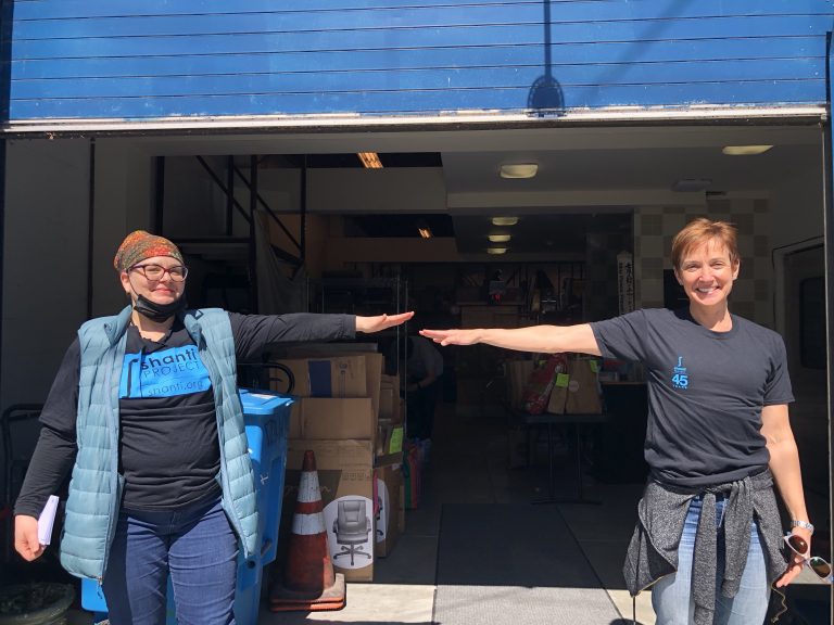 Carolyn Hanrahan and Judith Harkins, directof of the Margot Murphy Women's Cancer Program (right), demonstrating six-foot social distancing.