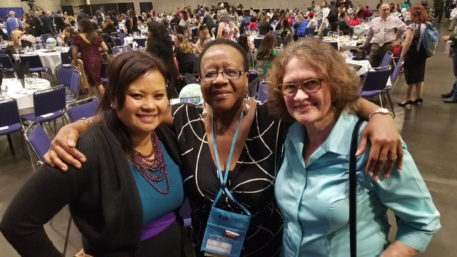 Lourdes Lozada, an SFUSD educator; Enid Lee, and education equity consultant; and Mejia at the California Alliance for Bilingual Education 2018 conference. 