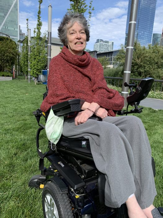 Catherine Bauman in her electric wheelchair. 