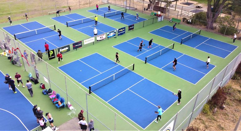 An aerial view of the new pickleball courts at Louis Sutter Park.