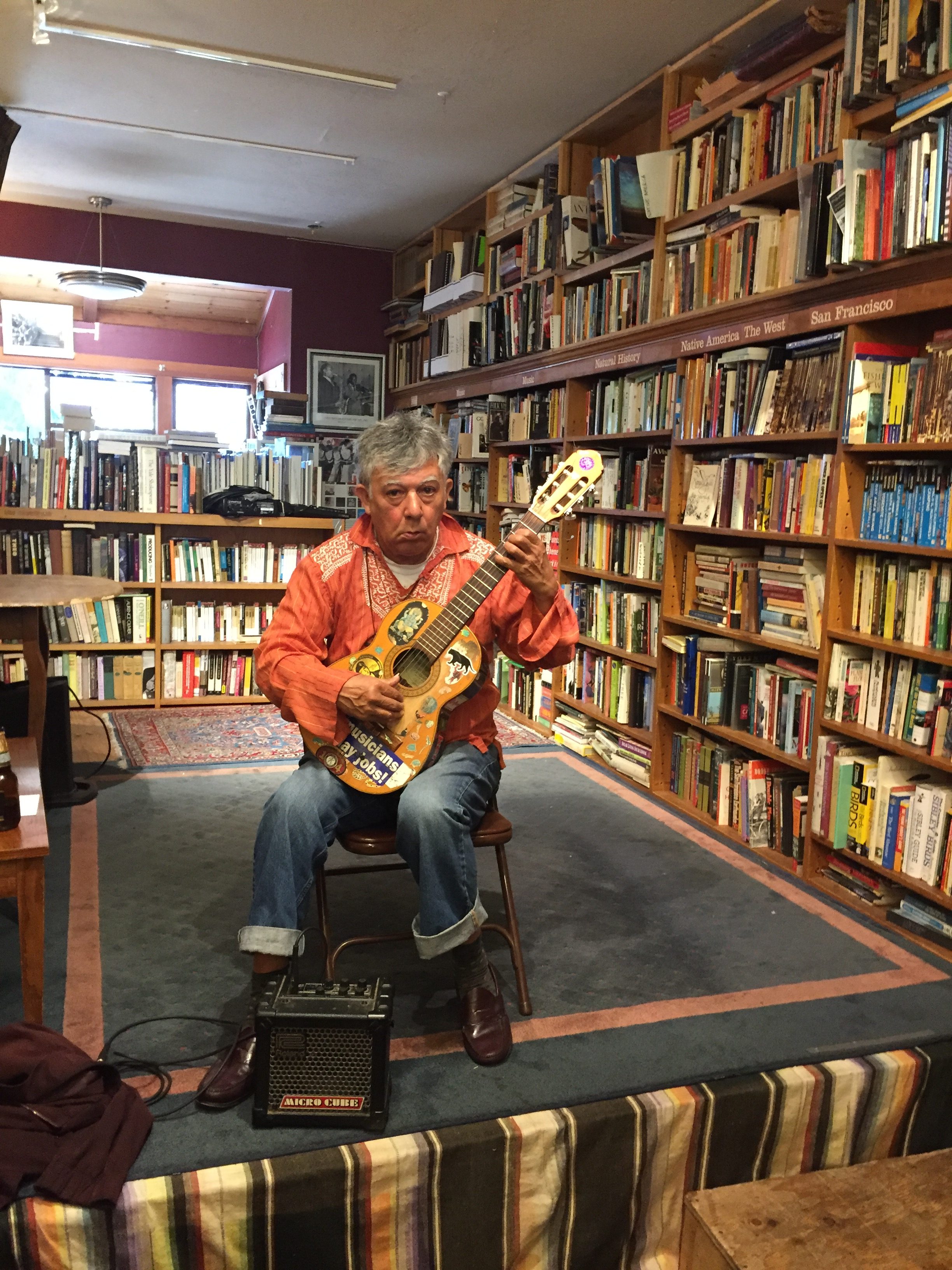 Jerry Ferraz performs at the Bird and Beckett book and record store in Glen Park.