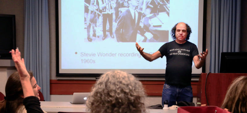 Richie Unterberger teaching class about rock music at College of Marin in Kentfield, Calif. Tuesday, September 29, 2015.(James Cacciatore/Special to the IJ)
